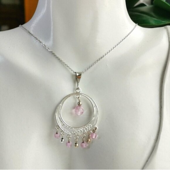 Boho Sterling silver Pink crystal  pendant necklace 🆕 - Picture 2 of 7